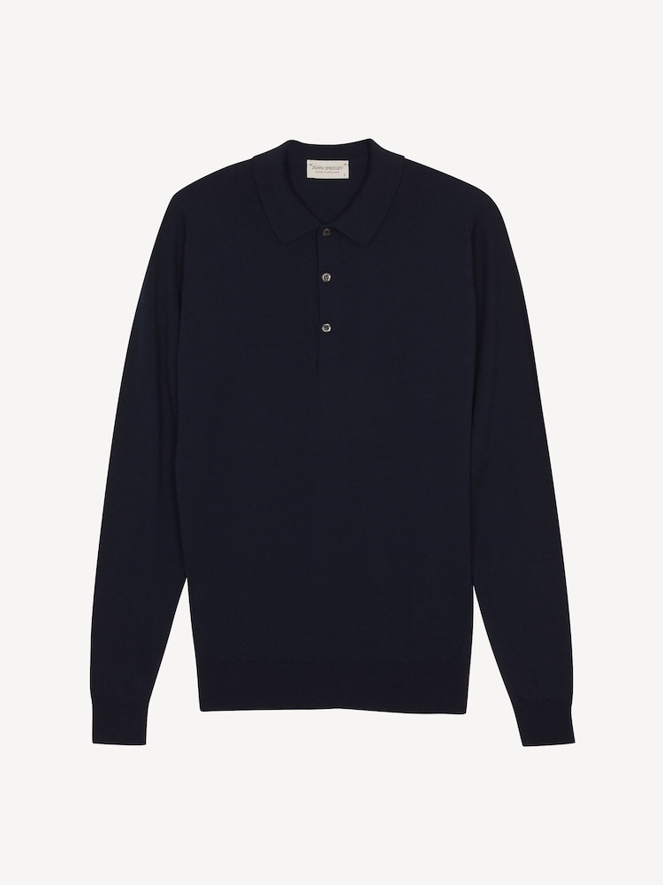 John Smedley Blue Belper Long Sleeve Merino Wool Polo Shirt - Image 6 of 6