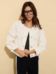 Baukjen Nova 100% Organic Cotton Collarless Denim White Jacket - Image 1 of 5