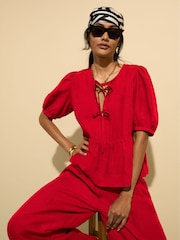 Baukjen Red Azura 100% Linen Tie Detail Blouse - Image 1 of 1