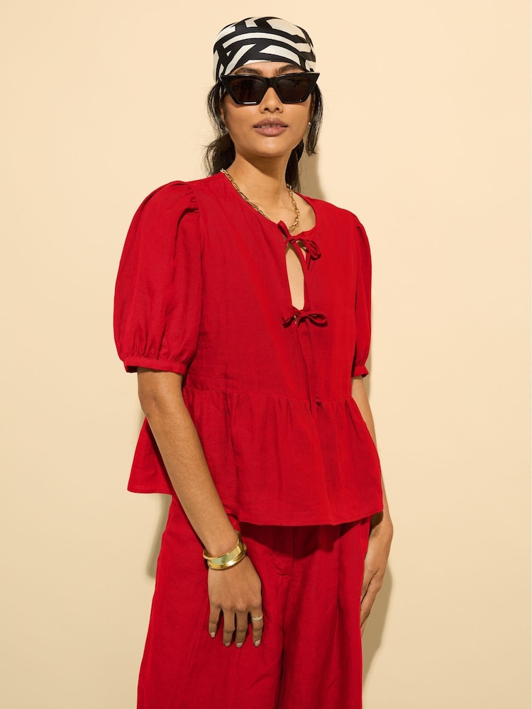 Baukjen Red Azura 100% Linen Tie Detail Blouse - Image 2 of 5