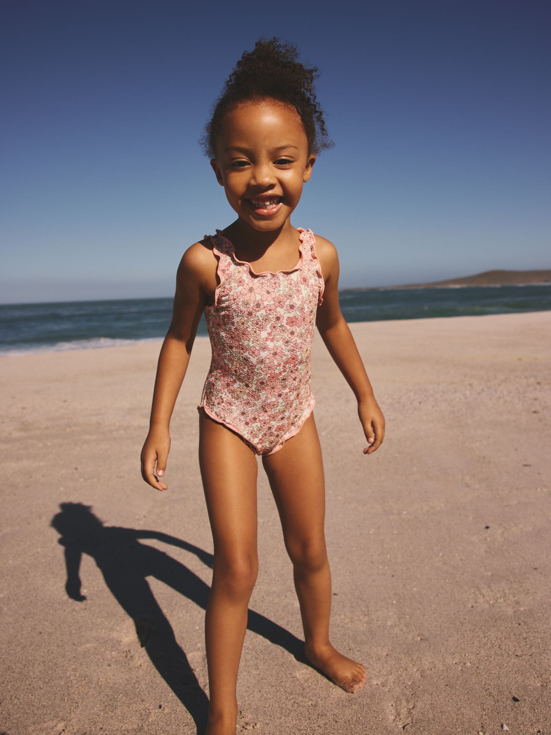Summer Holiday Buy Coral Pink Ditsy Floral Lettuce Edge Swimsuit (3mths-7yrs