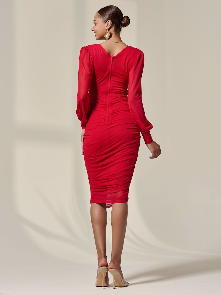 Jolie Moi Red Long Sleeve Ruched Mesh Midi Dress - Image 2 of 6