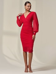 Jolie Moi Red Long Sleeve Ruched Mesh Midi Dress - Image 4 of 6