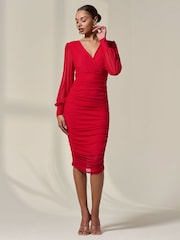 Jolie Moi Red Long Sleeve Ruched Mesh Midi Dress - Image 5 of 6