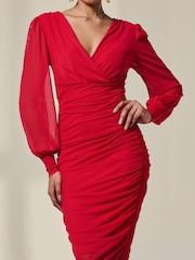 Jolie Moi Red Long Sleeve Ruched Mesh Midi Dress - Image 6 of 6