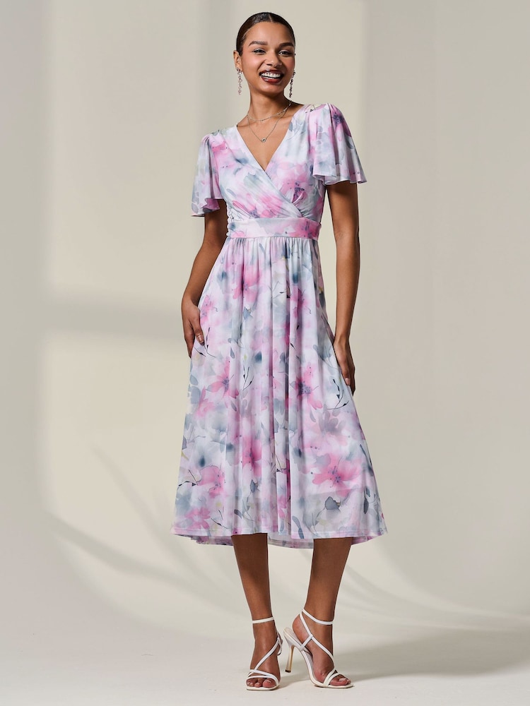 Jolie Moi Pink Petite Mesh Short Sleeve Wrap Midaxi Dress - Image 1 of 6