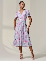 Jolie Moi Pink Petite Mesh Short Sleeve Wrap Midaxi Dress - Image 5 of 6