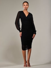 Jolie Moi Black Long Sleeve Ruched Mesh Midi Dress - Image 2 of 6