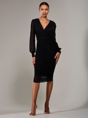 Jolie Moi Black Long Sleeve Ruched Mesh Midi Dress - Image 6 of 6