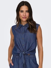 JDY Blue Denim Tie Front Short Sleeve 100% Cotton Blouses - Image 1 of 6