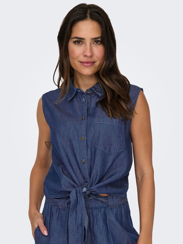 JDY Blue Denim Tie Front Short Sleeve 100% Cotton Blouses - Image 1 of 6