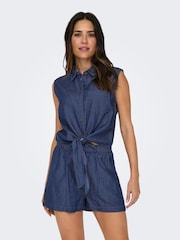 JDY Blue Denim Tie Front Short Sleeve 100% Cotton Blouses - Image 2 of 6