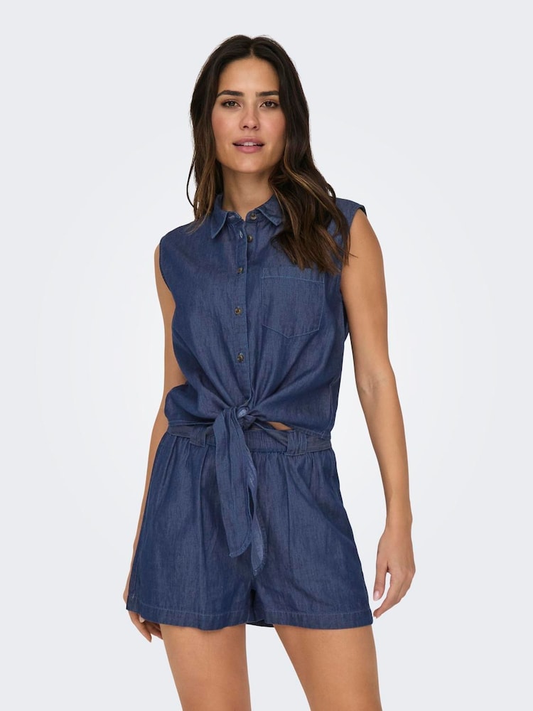 JDY Blue Denim Tie Front Short Sleeve 100% Cotton Blouses - Image 2 of 6