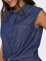 JDY Blue Denim Tie Front Short Sleeve 100% Cotton Blouses - Image 4 of 6