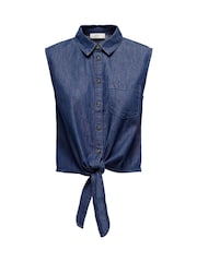 JDY Blue Denim Tie Front Short Sleeve 100% Cotton Blouses - Image 5 of 6
