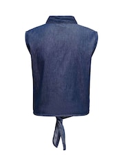 JDY Blue Denim Tie Front Short Sleeve 100% Cotton Blouses - Image 6 of 6