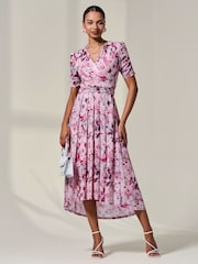 Jolie Moi Pink Petite Wrap Front Ruched Sleeve Midi Dress - Image 1 of 1