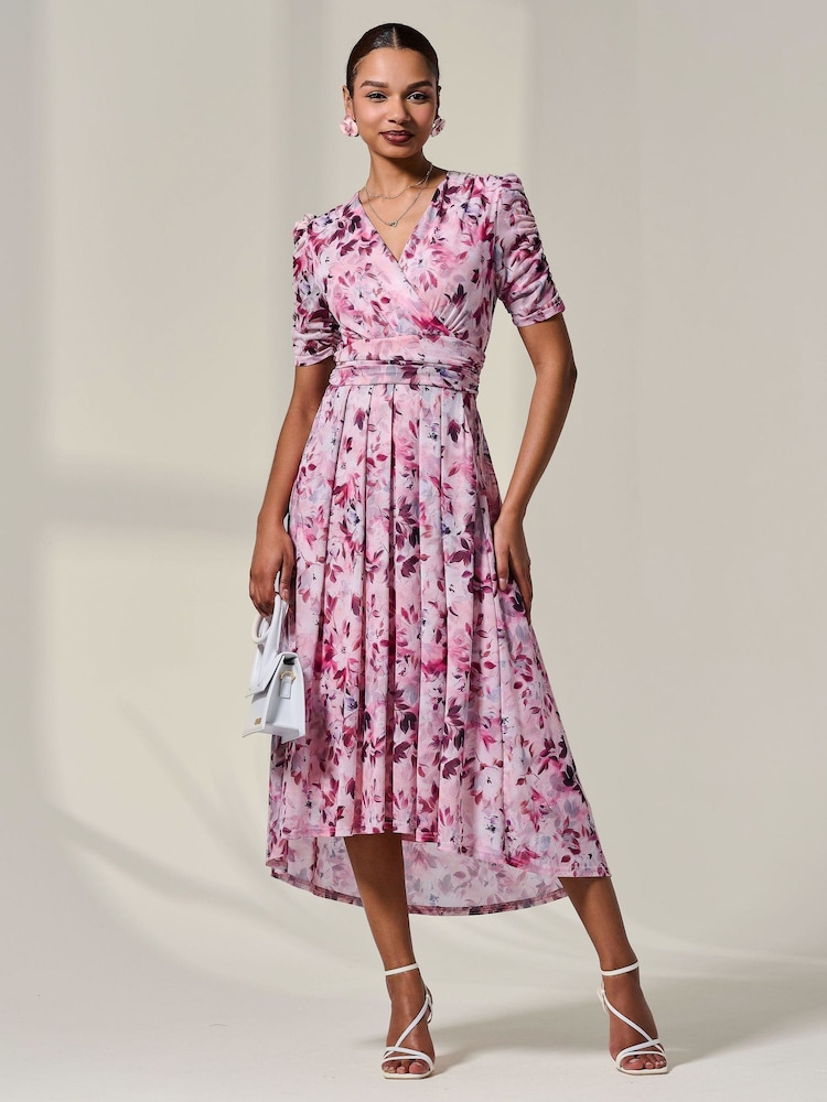 Jolie Moi Pink Petite Wrap Front Ruched Sleeve Midi Dress - Image 1 of 1