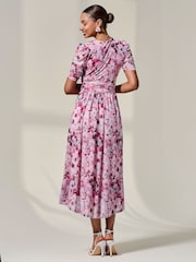 Jolie Moi Pink Petite Wrap Front Ruched Sleeve Midi Dress - Image 2 of 6