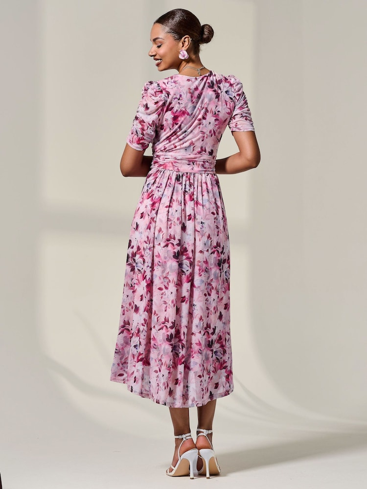 Jolie Moi Pink Petite Wrap Front Ruched Sleeve Midi Dress - Image 2 of 6