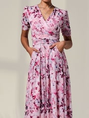 Jolie Moi Pink Petite Wrap Front Ruched Sleeve Midi Dress - Image 3 of 6