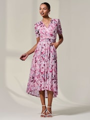 Jolie Moi Pink Petite Wrap Front Ruched Sleeve Midi Dress - Image 4 of 6