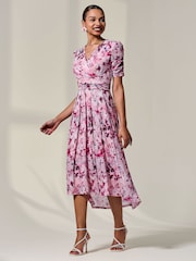 Jolie Moi Pink Petite Wrap Front Ruched Sleeve Midi Dress - Image 6 of 6