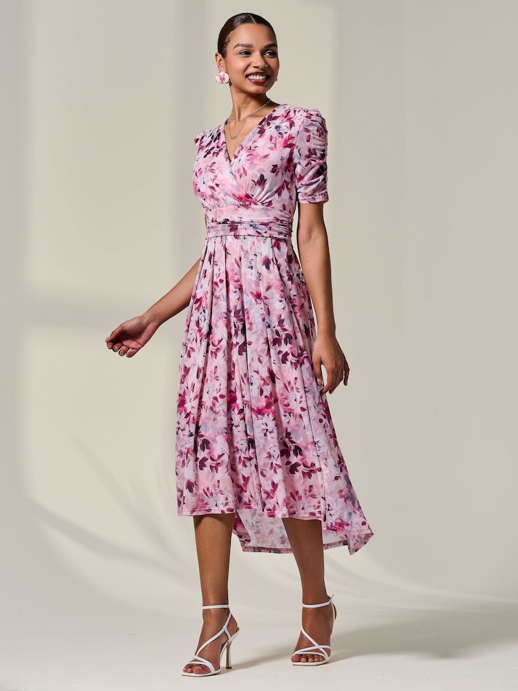 Jolie Moi Pink Petite Wrap Front Ruched Sleeve Midi Dress - Image 6 of 6