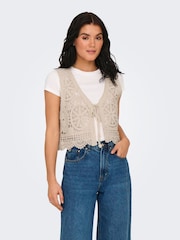JDY Cream 100% Cotton Tie Front Crochet Vest Top - Image 4 of 6