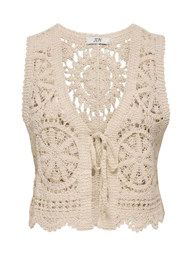 JDY Cream 100% Cotton Tie Front Crochet Vest Top - Image 6 of 6
