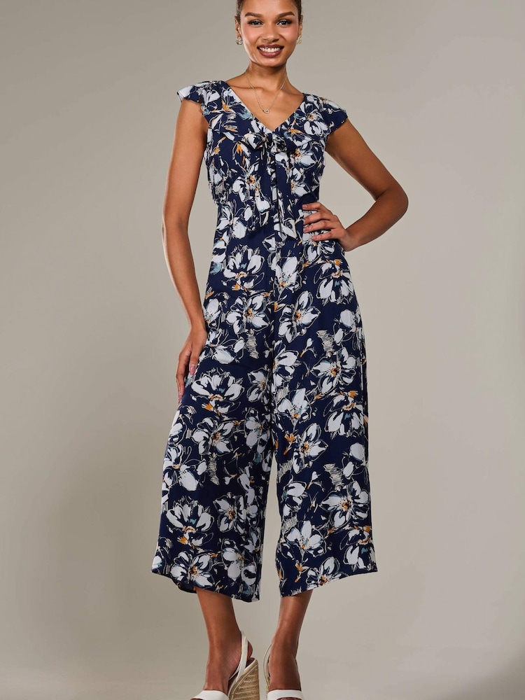 Jolie Moi Blue Frill Tie Front Jumpsuit - Image 1 of 6