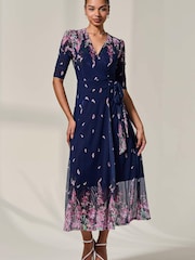 Jolie Moi Blue Half Sleeve Floral Wrap Dress - Image 1 of 6