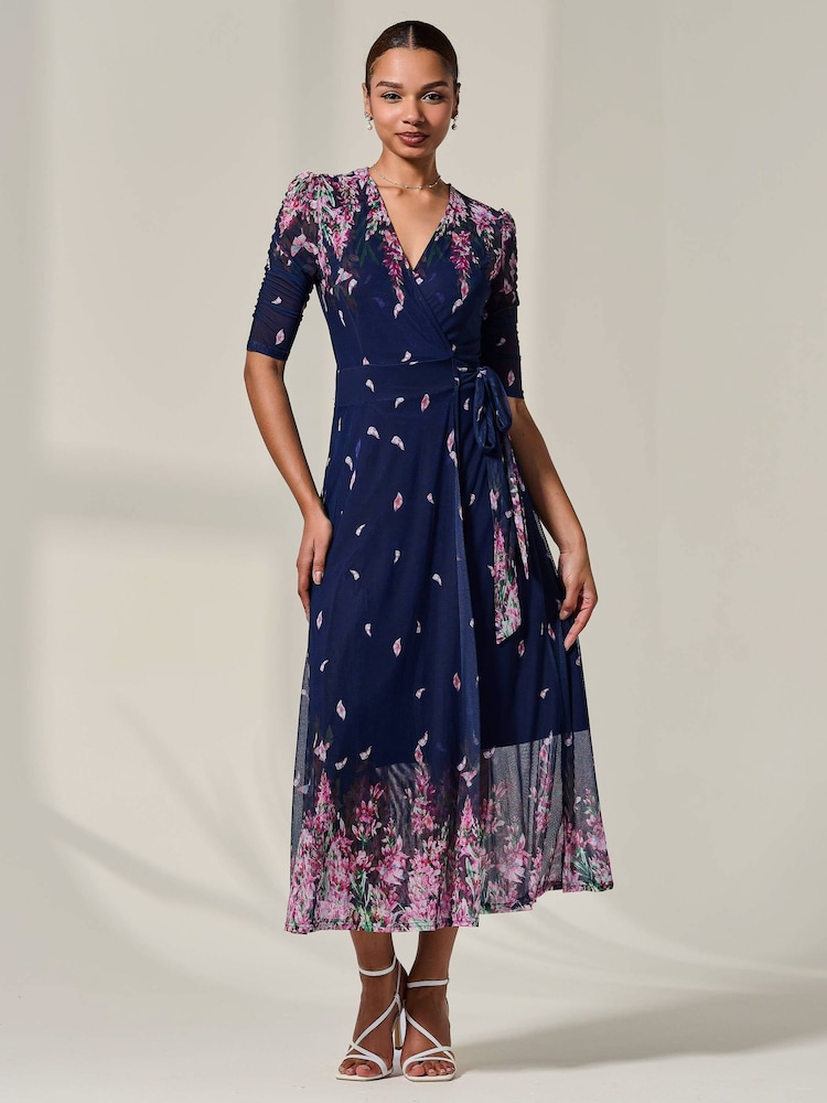Jolie Moi Blue Half Sleeve Floral Wrap Dress - Image 9 of 9