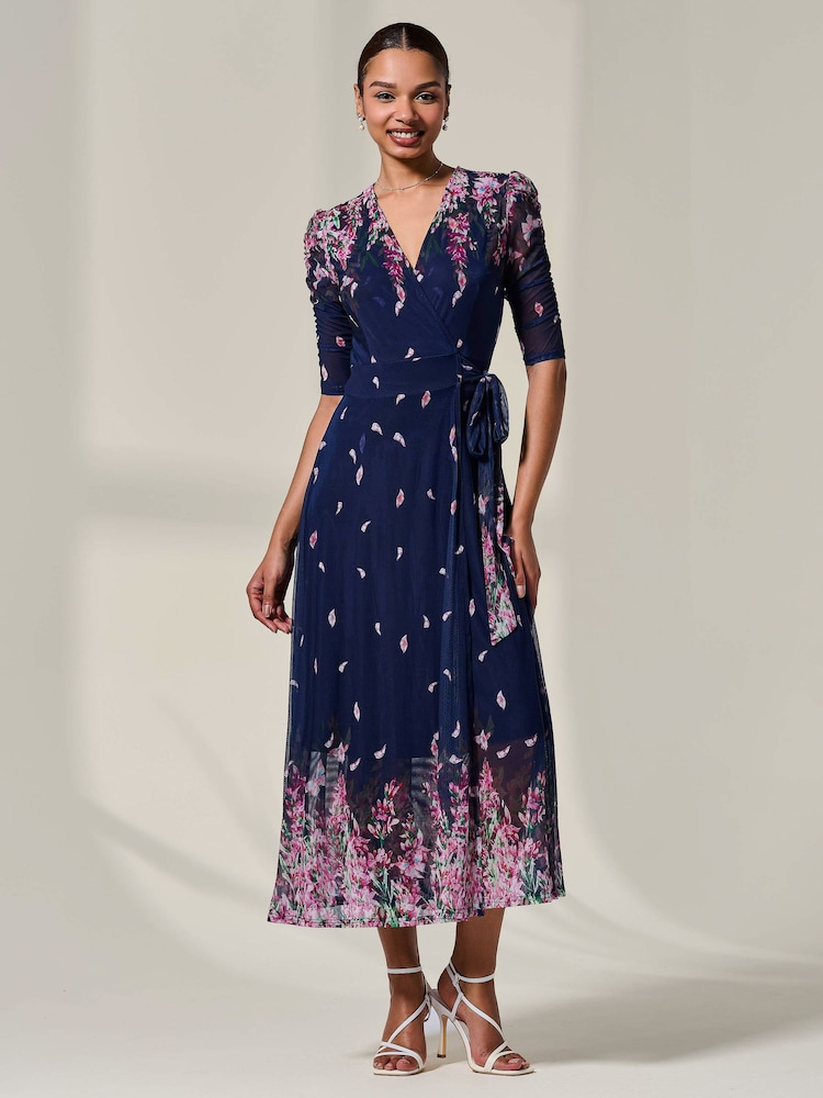 Jolie Moi Blue Half Sleeve Floral Wrap Dress - Image 2 of 6