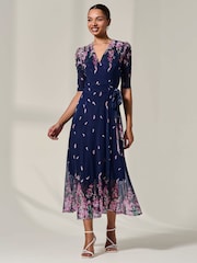 Jolie Moi Blue Half Sleeve Floral Wrap Dress - Image 4 of 6
