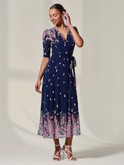 Jolie Moi Blue Half Sleeve Floral Wrap Dress - Image 5 of 6