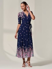 Jolie Moi Blue Half Sleeve Floral Wrap Dress - Image 6 of 6