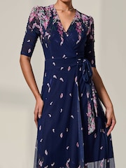 Jolie Moi Blue Half Sleeve Floral Wrap Dress - Image 6 of 9