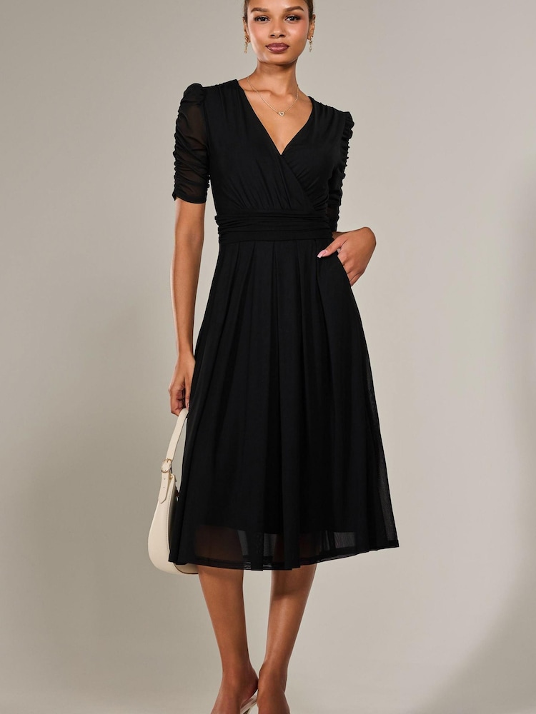 Jolie Moi Black Ruched Sleeve Mesh Maxi Dress - Image 1 of 6