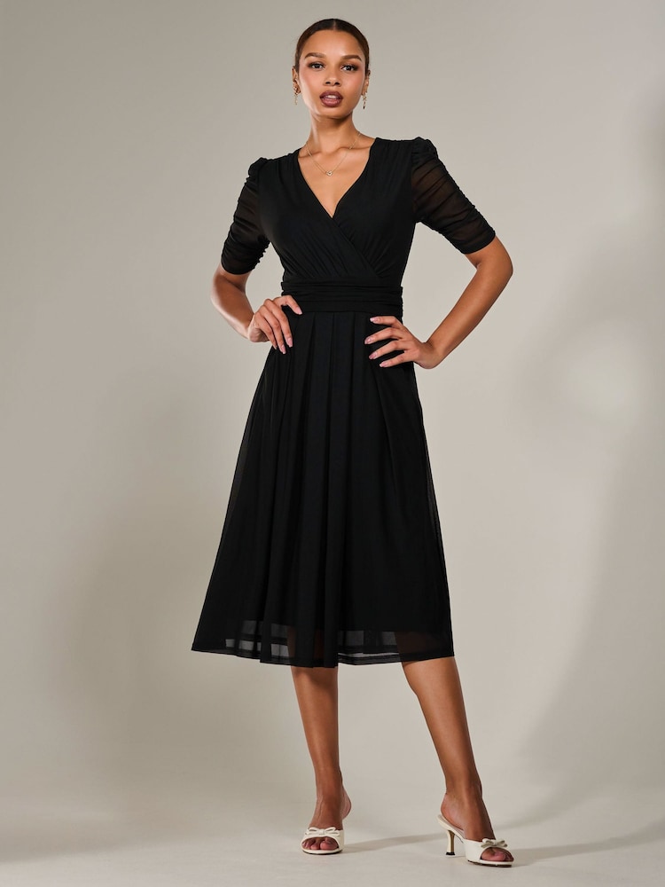 Jolie Moi Black Ruched Sleeve Mesh Maxi Dress - Image 2 of 6 Jolie Moi Black Ruched Sleeve Mesh Maxi Dress - Image 2 of 6