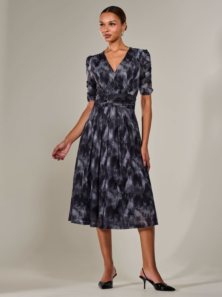 Jolie Moi Grey Ruched Sleeve Mesh Maxi Dress - Image 2 of 6