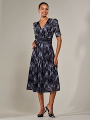 Jolie Moi Grey Ruched Sleeve Mesh Maxi Dress - Image 3 of 6