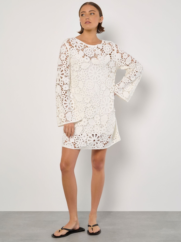 Apricot White Floral Crochet Bell Sleeve Dress - Image 1 of 1