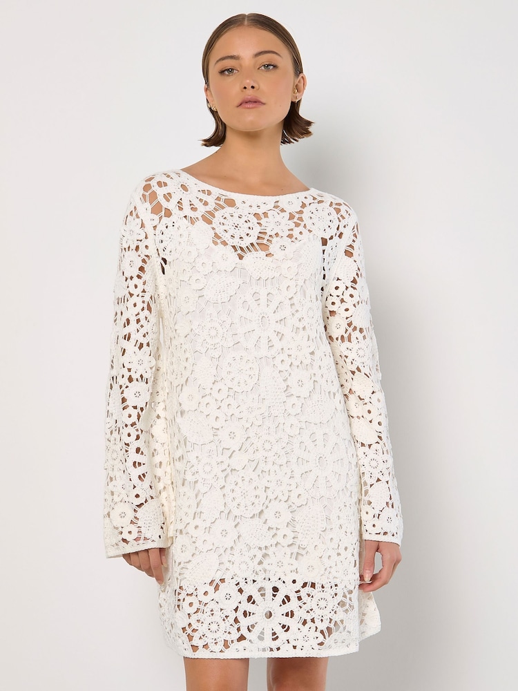 Apricot White Floral Crochet Bell Sleeve Dress - Image 2 of 4 Apricot White Floral Crochet Bell Sleeve Dress - Image 2 of 4