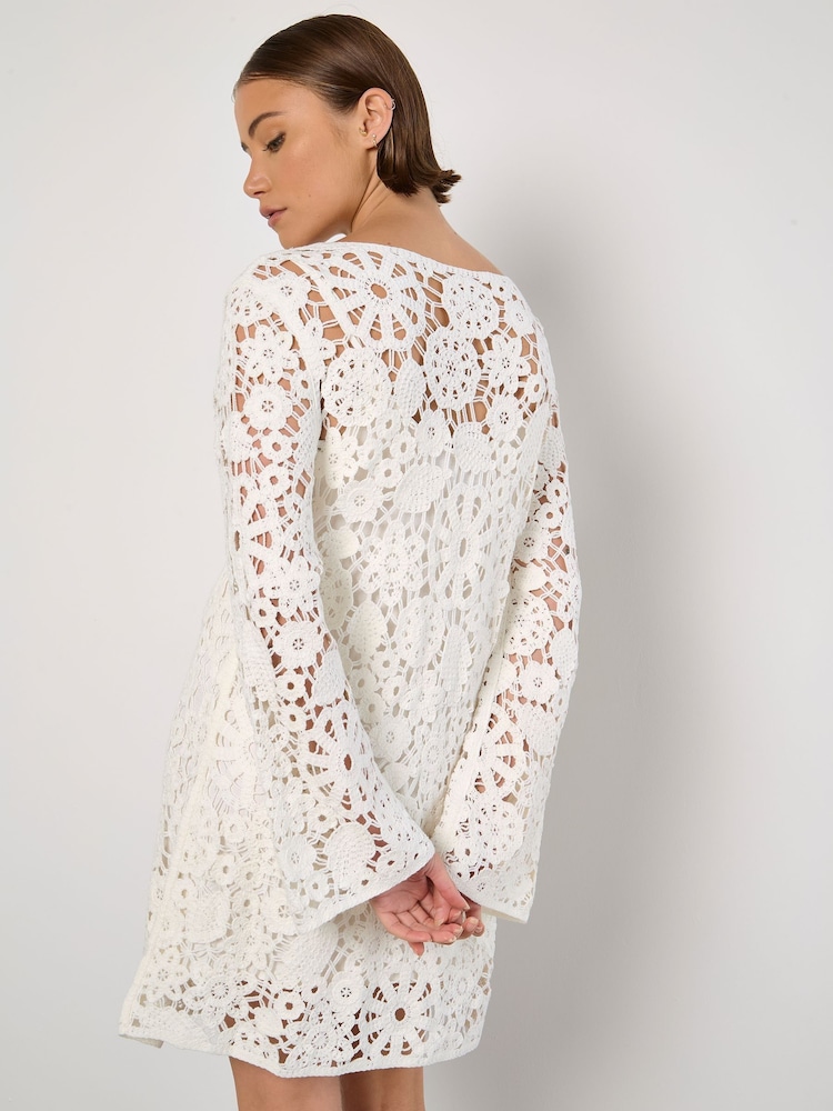 Apricot White Floral Crochet Bell Sleeve Dress - Image 4 of 4 Apricot White Floral Crochet Bell Sleeve Dress - Image 4 of 4