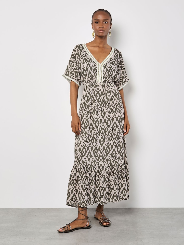 Apricot Brown Ikat Mono Swirl Shimmer Dress - Image 1 of 5