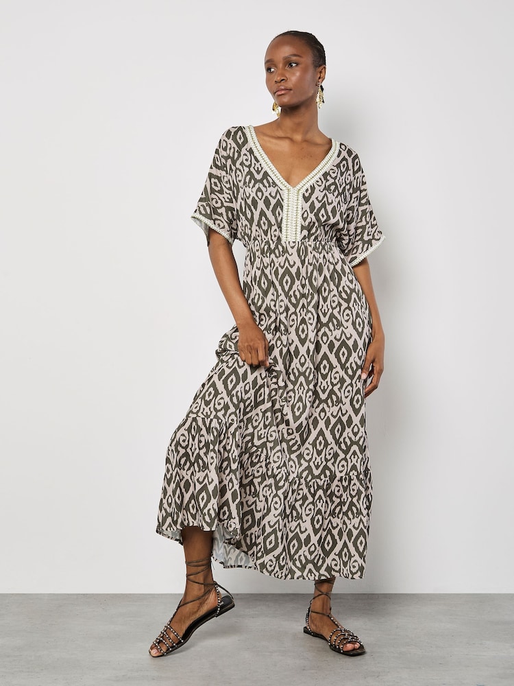 Apricot Brown Ikat Mono Swirl Shimmer Dress - Image 2 of 5