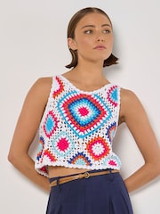 Apricot Blue Diamond Crochet Vest Crop Top - Image 2 of 4