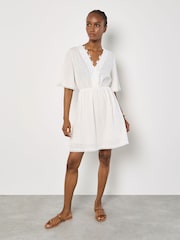 Apricot White Daisy Lace Batwing Linen Dress - Image 2 of 4