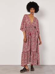 Apricot Red Paisley Foil Flowers Tassel Dress - Image 1 of 5